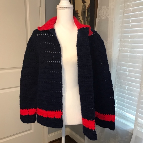 Navy Blue & Red Knit Cardigan SZ S/M - Picture 5 of 7